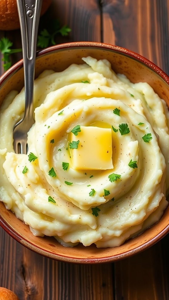 Creamy garlic mashed potatoes in a bowl, garnished with parsley and butter, on a wooden table.
